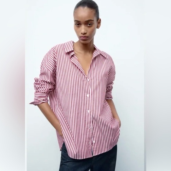 Zara Tops - ZARA Red and White Striped Oversized Button Down Shirt X-Small